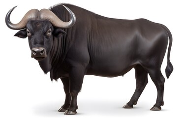 A brown buffalo isolated on a white background with horns, representing a farm animal in a rural setting
