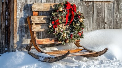 Vintage Wooden Sleigh with Holiday Wreath in Snowy Winter Setting