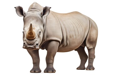 Fototapeta premium A large rhino standing isolated on a white background, showcasing its grey, horned appearance, symbolizing wildlife and nature in a safari setting