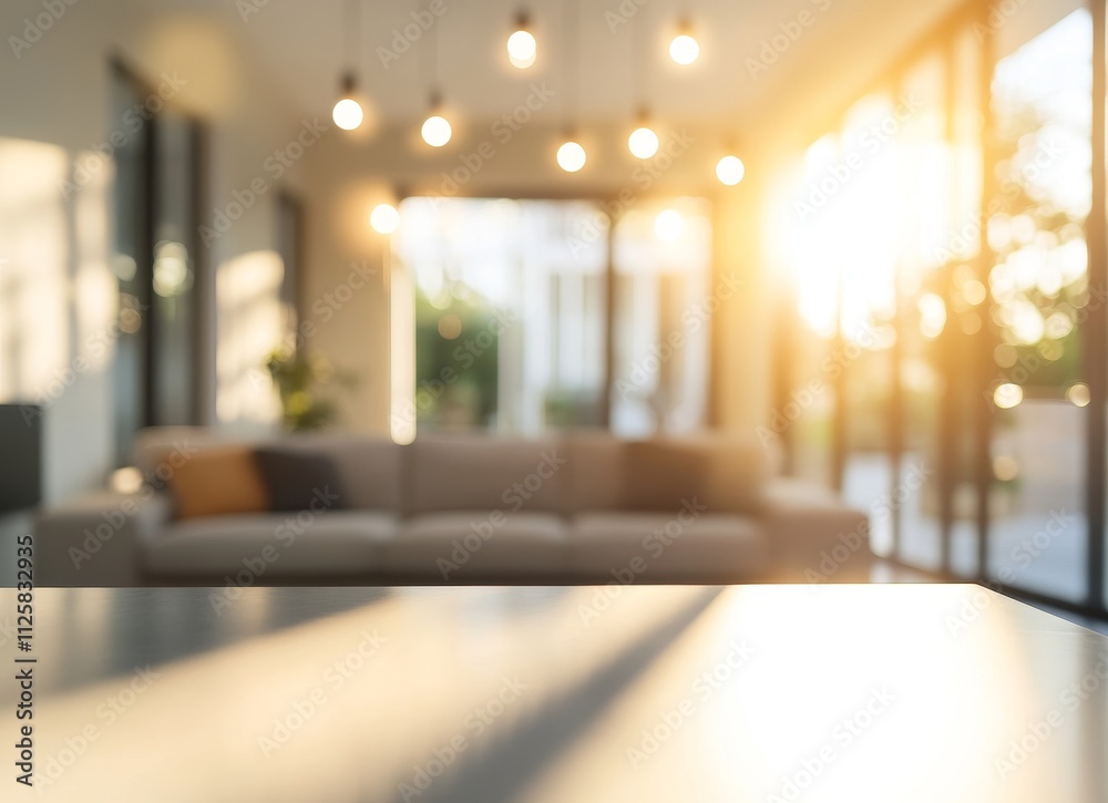 Poster Blurred modern living room with sunlight streaming through large windows, showcasing a comfortable sofa and empty table in the foreground.