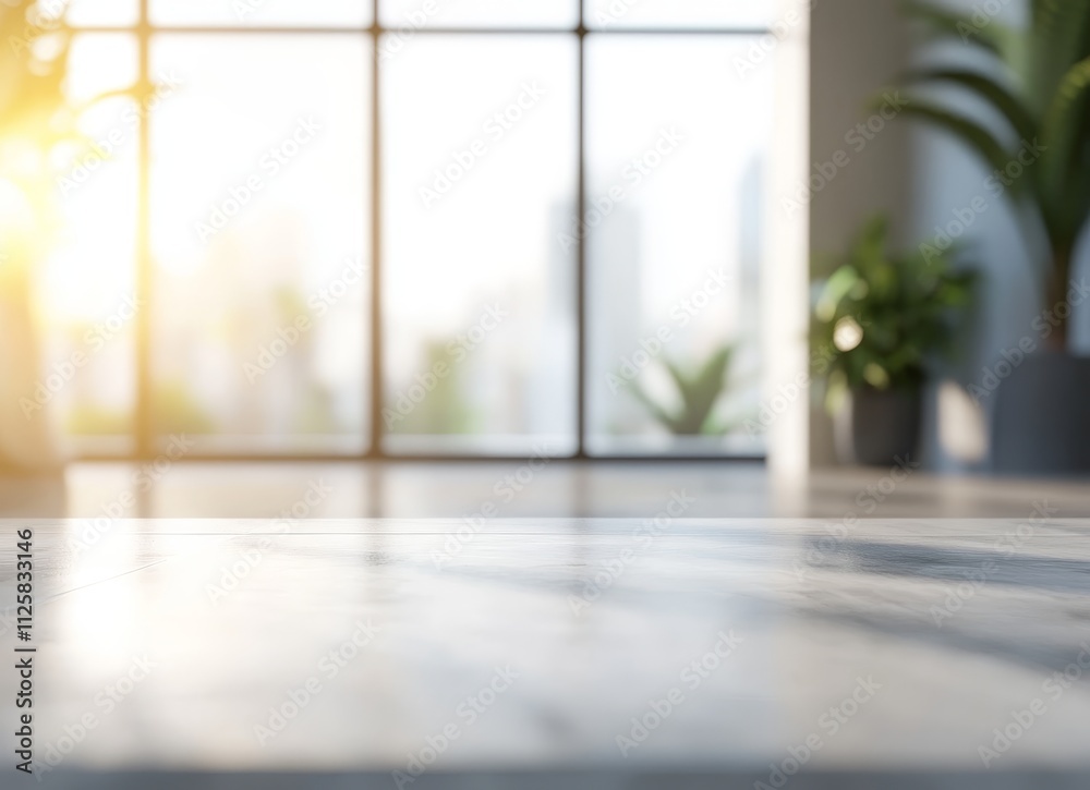 Aufkleber sunlit marble table top near large window with city view.