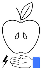 Apple with two teardrops, a hand with blue sleeve, and a lightning bolt. Ideal for themes of loss, healing, energy, support, nature emotions and renewal. Line metaphor