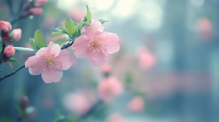 Closeup of blooming cherry blossoms with soft background