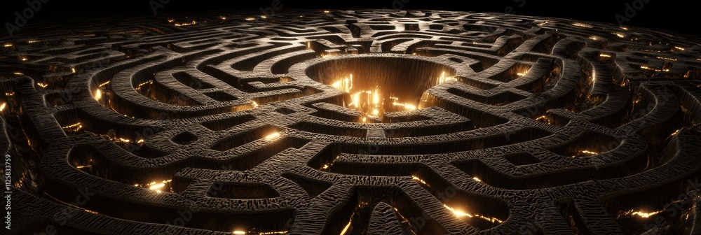 Poster a brain-shaped labyrinth glows in the dark, with paths lit by soft, warm lights that enhance its int