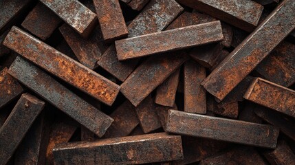 A close-up of weathered, rusted steel beams arranged in a pile, revealing intricate textures and the raw industrial aesthetic of aged materials