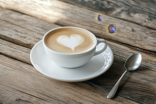 Latte art heart in a white cup on wooden table.