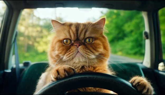 Funny serious cat sitting in driver seat, paws on steering wheel. Funny pet, ginger exotic cat driving car concept, driving down the road in sunny day, cute animal in car moving. Cat looking forward 