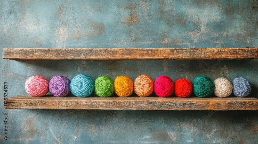 Poster A colorful display of yarn balls neatly organized on wooden shelves, creating a vibrant and inviting space for crafting and knitting projects.