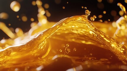 Golden syrup splash, dark background, thick texture, smooth highlights 
