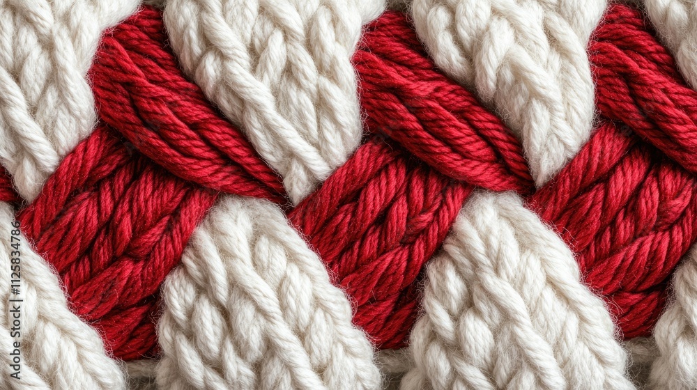 Poster A cozy close-up of knitted wool with intricate red braids woven into the design, showcasing texture and warmth with plenty of copy space for designs