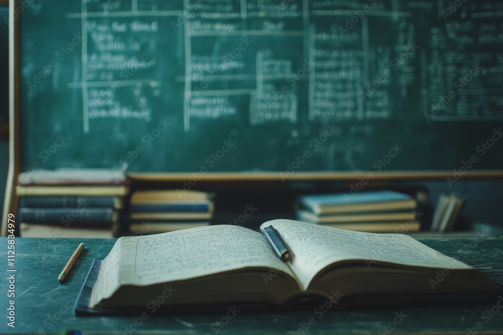 Poster open book with pen on desk, chalkboard with equations in background.