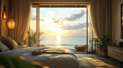 Fototapeta premium A cozy luxury hotel room with a romantic ambiance, open balcony windows leading to an expansive view of the ocean and horizon