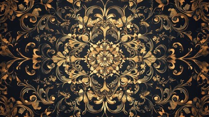 Elegant dark wallpaper with golden Arabian ornamental design, symmetrical patterns, luxurious and bold