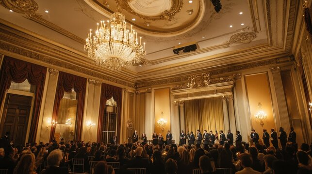 Grand ballroom event with audience and performers.