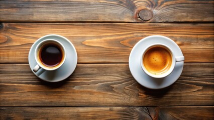 Obraz premium Top view of two coffee cups, one with Americano and one with espresso, on a wooden table, coffee, cups, top view