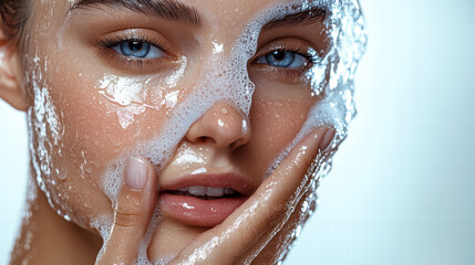A beautiful woman with clear and fresh skin, washing her face with water on a white background