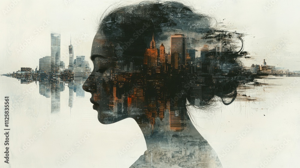Poster A creative double exposure of a peaceful profile blended with a dynamic cityscape, symbolizing harmony between self and city.