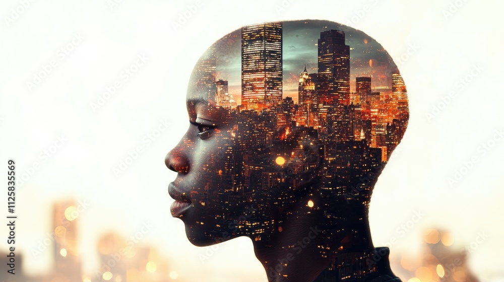 Poster A creative double exposure of a peaceful profile blended with a dynamic cityscape, symbolizing harmony between self and city.