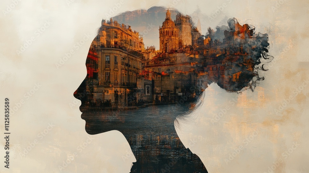 Poster A creative double exposure of a peaceful profile blended with a dynamic cityscape, symbolizing harmony between self and city.