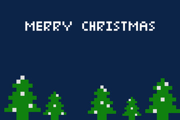 Naklejka premium Traditional Merry Christmas greeting card with pixel art design,featuring Christmas trees and snowflakes on blue background, perfect for holiday wishes, festive decorations,seasonal celebrations
