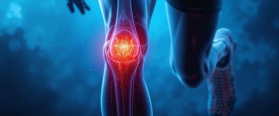 Close-up of a runner's knee with highlighted pain area, suggesting injury or strain.