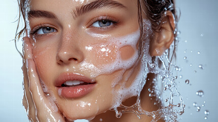 A beautiful woman with clear and fresh skin, washing her face with water on a white background