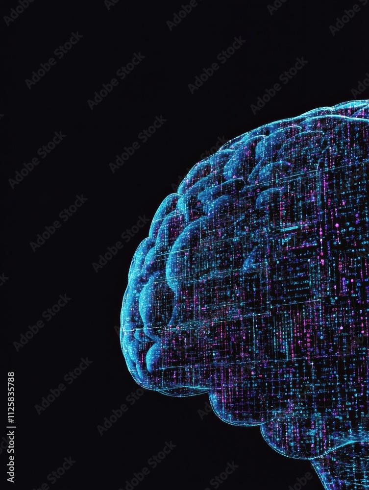 Aufkleber A digital brain constructed from glowing blue and purple grids is set against a dark background. It features space for overlay text and graphics. Generative AI