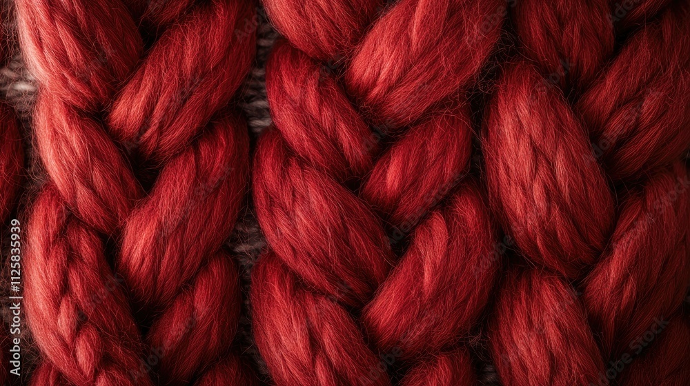 Poster a cozy close-up of knitted wool with intricate red braids woven into the design, showcasing texture 