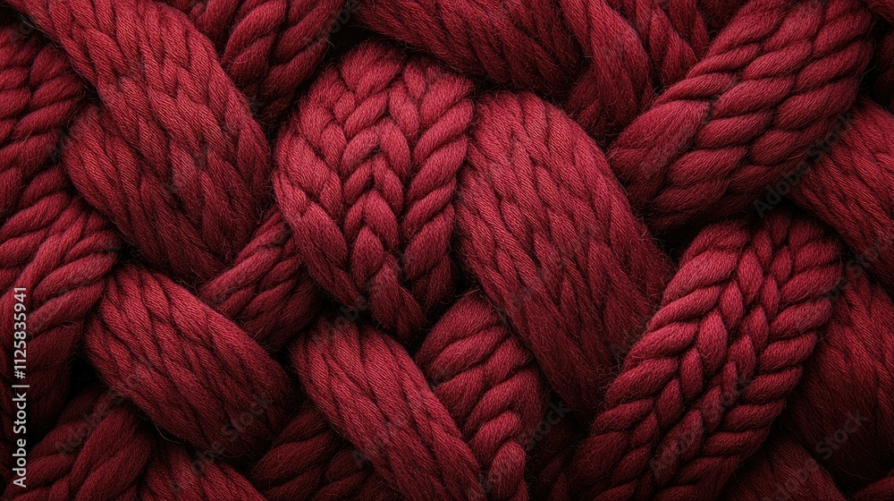 Poster A detailed close-up view of knitted wool fabric in deep red, highlighting the elegant braided pattern and the softness of the texture