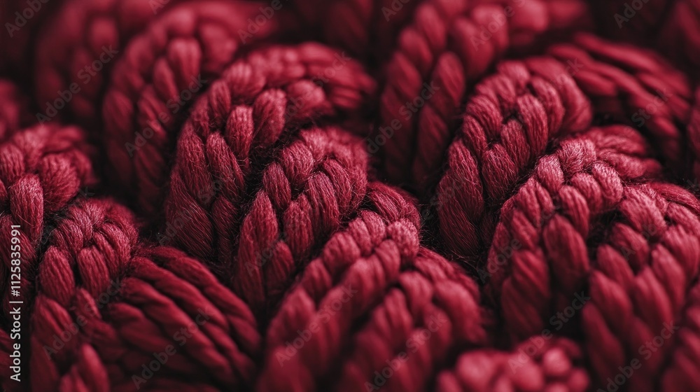 Poster A detailed close-up view of knitted wool fabric in deep red, highlighting the elegant braided pattern and the softness of the texture