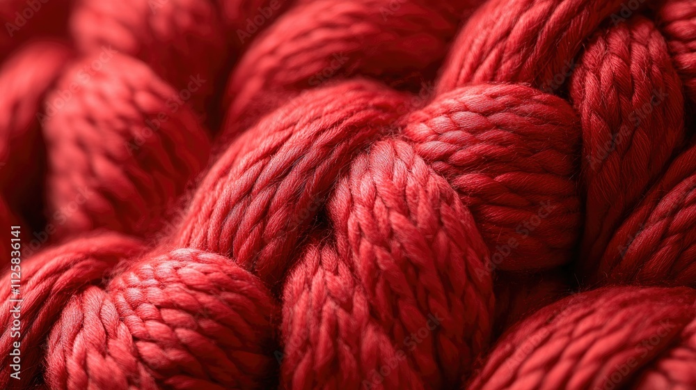 Poster A detailed shot of a knitted wool fabric, featuring a complex red braid pattern with soft and inviting textures, ideal for textile design backgrounds