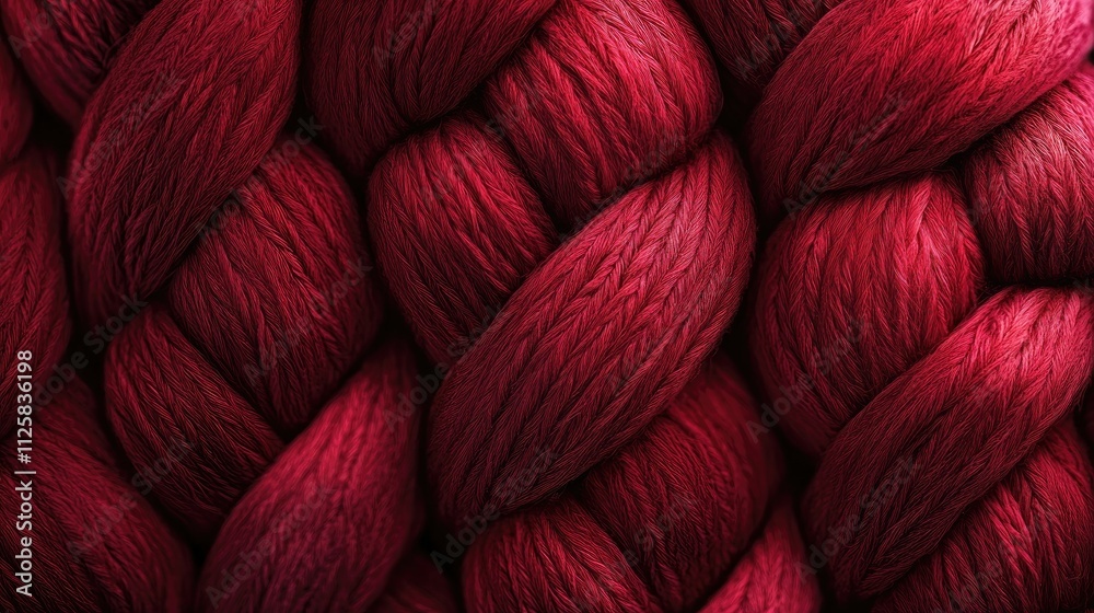 Poster A detailed shot of a knitted wool fabric, featuring a complex red braid pattern with soft and inviting textures, ideal for textile design backgrounds