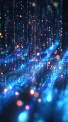 Fototapeta premium Abstract digital data stream, glowing particles and lines, blue and pink hues, technology background.