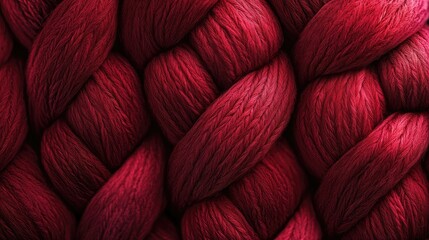 A detailed shot of a knitted wool fabric, featuring a complex red braid pattern with soft and inviting textures, ideal for textile design backgrounds