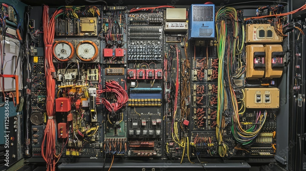 Poster a detailed shot of neatly organized wires and cables in a computer wiring room, showcasing a high-te