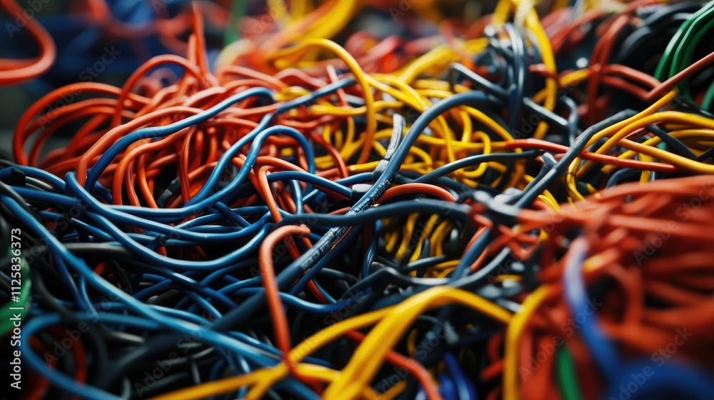 Poster a detailed shot of neatly organized wires and cables in a computer wiring room, showcasing a high-te