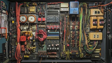 A detailed shot of neatly organized wires and cables in a computer wiring room, showcasing a high-tech environment.