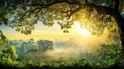 Transpiration process observed in a misty jungle clearing nature photography lush environment panoramic view natural science concept