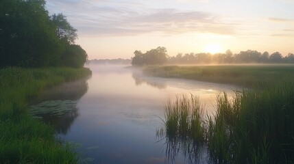 Naklejka premium Serene sunrise over calm river, mist rising, lush green vegetation.