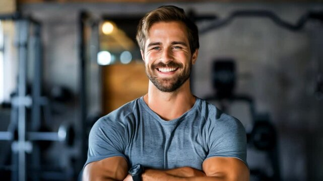 A man gym trainer smiling to the camera