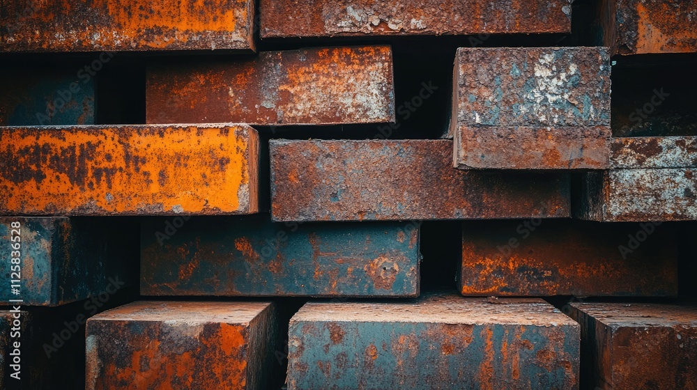 Poster a detailed shot of rusted steel beams stacked in an industrial yard, emphasizing the rough textures 