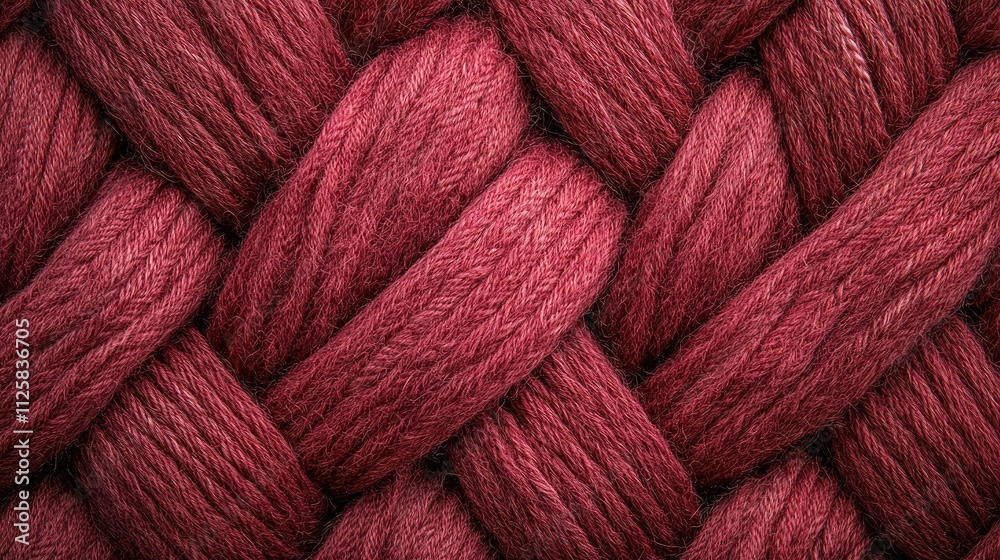 Poster A detailed shot of a knitted wool fabric, featuring a complex red braid pattern with soft and inviting textures, ideal for textile design backgrounds