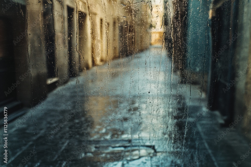 Fototapete raindrops adorn a window, providing a mesmerizing view of an empty street, hinting at the tranquilit