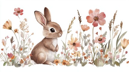 Obraz premium Cute bunny with colorful flowers, nursery wall decal design, featuring a charming floral bunny in pastel tones, perfect for a child's bedroom, whimsical, and playful decor.