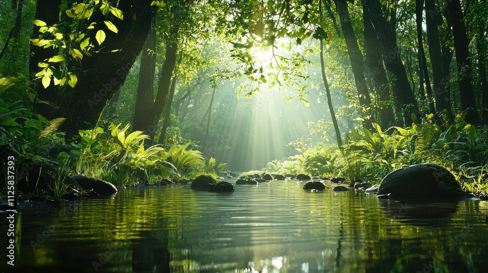 Poster captivating reflection of a mystical forest pond enchanted woodland nature scene tranquil environmen