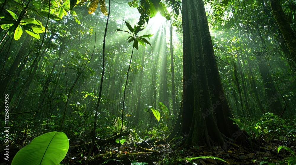 Poster sunlight filtering through misty trees enchanting forest nature photography lush environment serene 