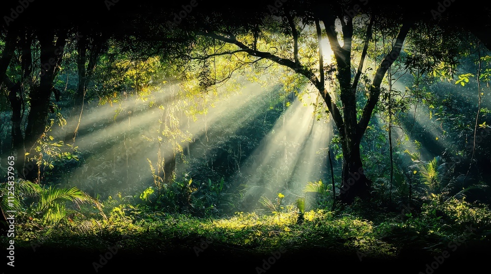 Poster sunlight filtering through misty trees in a forest nature photography tranquil environment serene vi