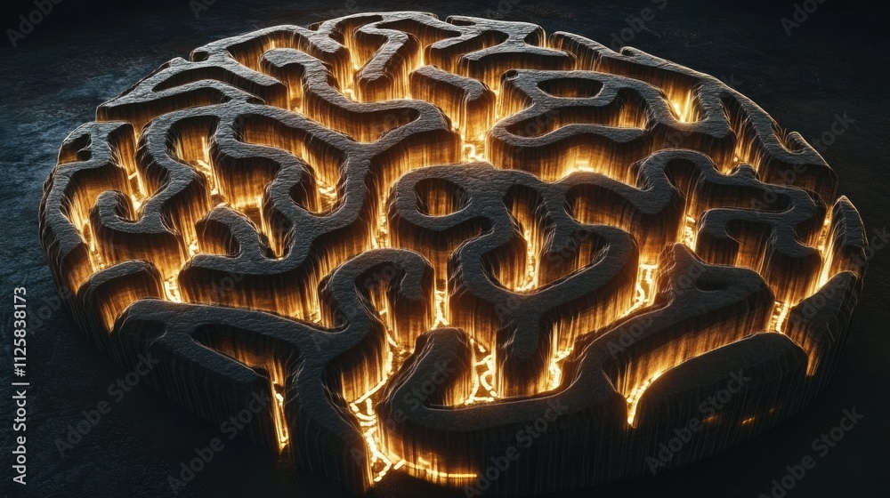 Fototapete a labyrinth crafted in the shape of a human brain features illuminated pathways, symbolizing complex