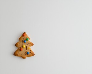 A festive gingerbread cookie shaped like a Christmas tree with colorful candies.