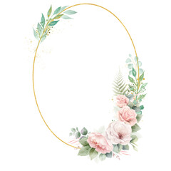 watercolor flowers circle frame for design. Floral border frame card template.